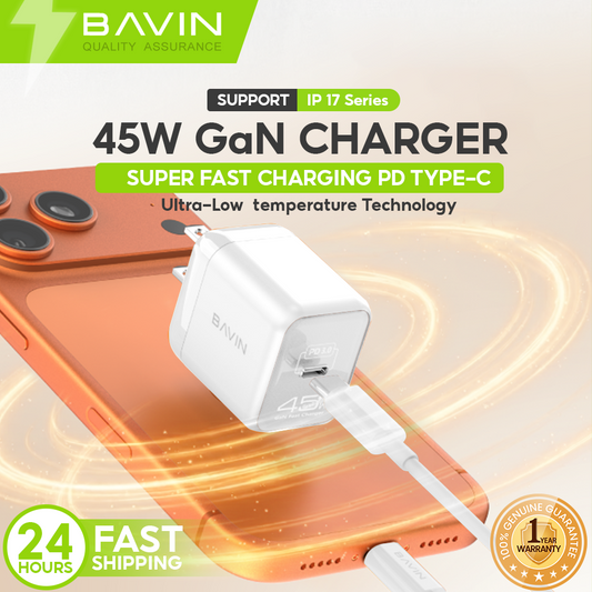 BAVIN PC2132 GaN 45W PD Mini USB-C Fast Charger Wall Adapter w/ Cable for iPhone 17 & Android Devices