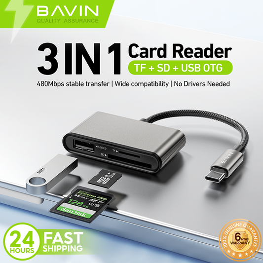 BAVIN O88 OTG 3in1 Card Reader Adapter for USB/TF/SD Card w/480Mbps Data Transfer for Laptop, Phones