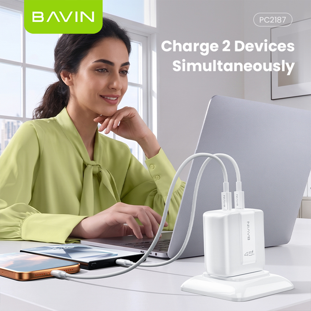 BAVIN PC2187 Portable 45W PD Fast Charger Dual USB C Wall Adapter w/ 1M Cable for iPh 17/Android/Laptop