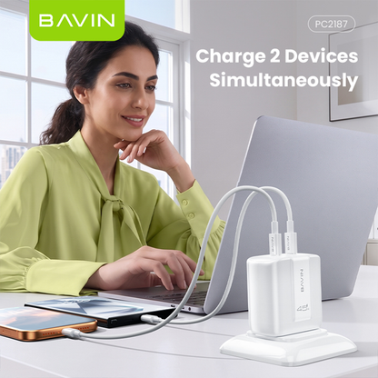 BAVIN PC2187 Portable 45W PD Fast Charger Dual USB C Wall Adapter w/ 1M Cable for iPh 17/Android/Laptop