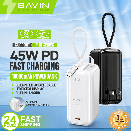[CCC] BAVIN PC1218 2in1 Portable 10000mAh 45W PD Fast Charge Powerbank Built-in Type-C Cable + AC Plug