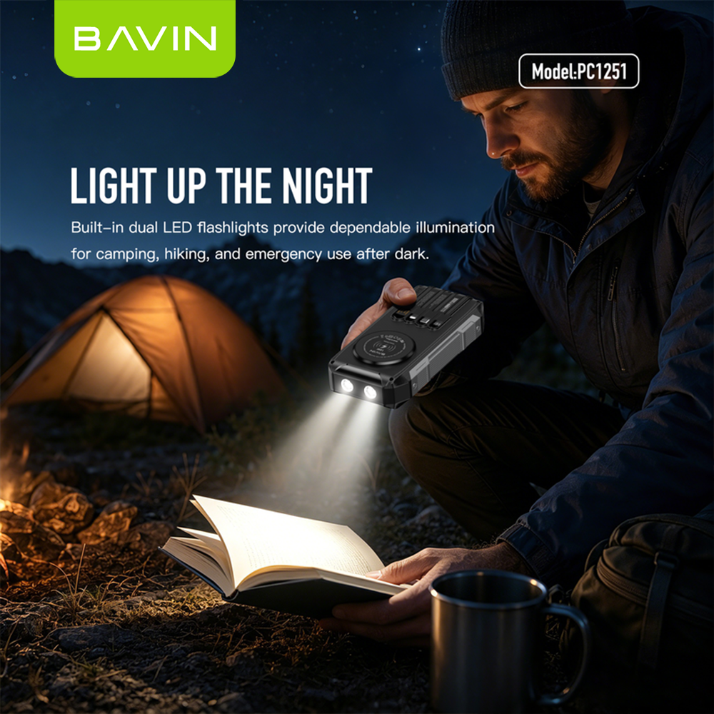 BAVIN PC1251 30000mAh Solar Power Bank PD 22.5W Fast+15W Wireless Charge w/ Cables, LED Light, 3 Output