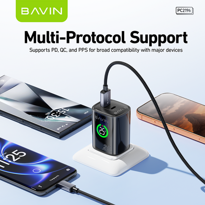 BAVIN PC2196 PD 25W+QC 3.0 Fast Charging Wall Charger Dual Ports w/ LED Display+ iPhone/Type-C Cable