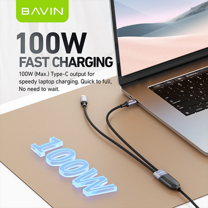 BAVIN CB387 100W 2 in 1 Fast Charging Cable Type-C to Type-C & iPhone w/ 1.2m Nylon Braided Cord for Laptop & Smartphones