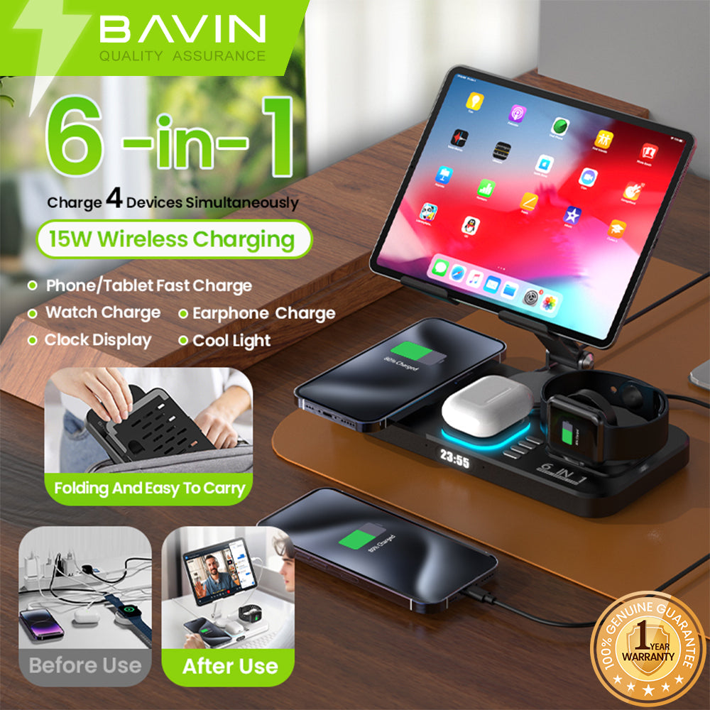 BAVIN D-S-PS87 6in1 Magnetic 15W Wireless Charging Stand w/ LED Light for Phone, Earbuds & Watch