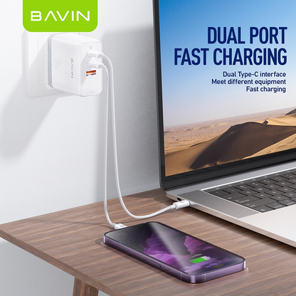 BAVIN PC860 65W GaN Fast Charger Adapter w/ Dual Type-C PD & USB QC3.0 Ports Compatible for Laptop & Smartphones