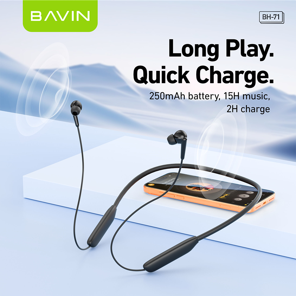 BAVIN BH71 HiFi Bluetooth 6.0 Wireless Magnetic Neckband Headphone | 15H Playtime | Game Sports Earbud