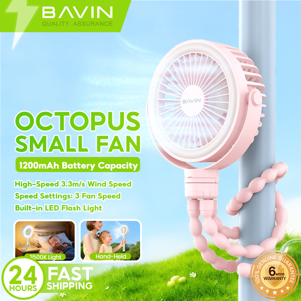 BAVIN BF012 1200mAh Portable Clip-on Stroller Octopus Fan w/ LED Light / 3-Speed Wind / 360° Rotation & Rechargeable Fan