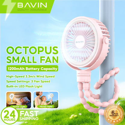 BAVIN BF012 1200mAh Portable Clip-on Stroller Octopus Fan w/ LED Light / 3-Speed Wind / 360° Rotation & Rechargeable Fan