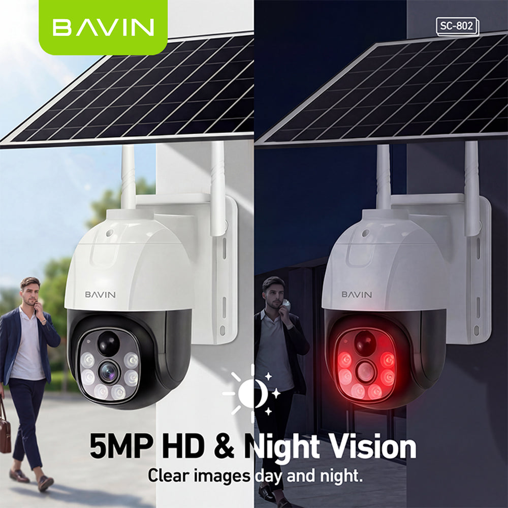 BAVIN SC802 Solar-Powered Outdoor Pan Wireless Security CCTV Camera 5MP HD PTZ Camera w/Weatherproof