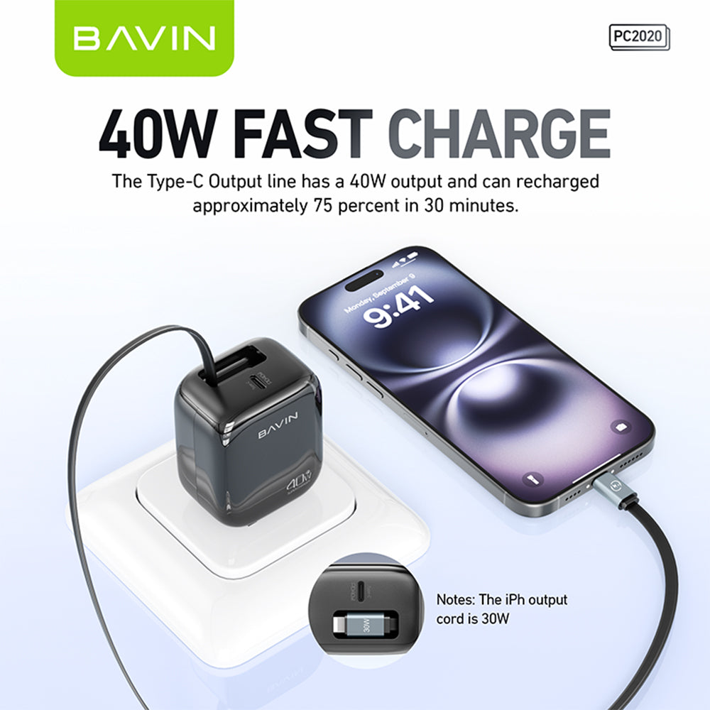 BAVIN PC2020 40W PD Fast Charging AC Adapter Built in Retractable iPhone Cable for iPhone 17/Android /Laptop