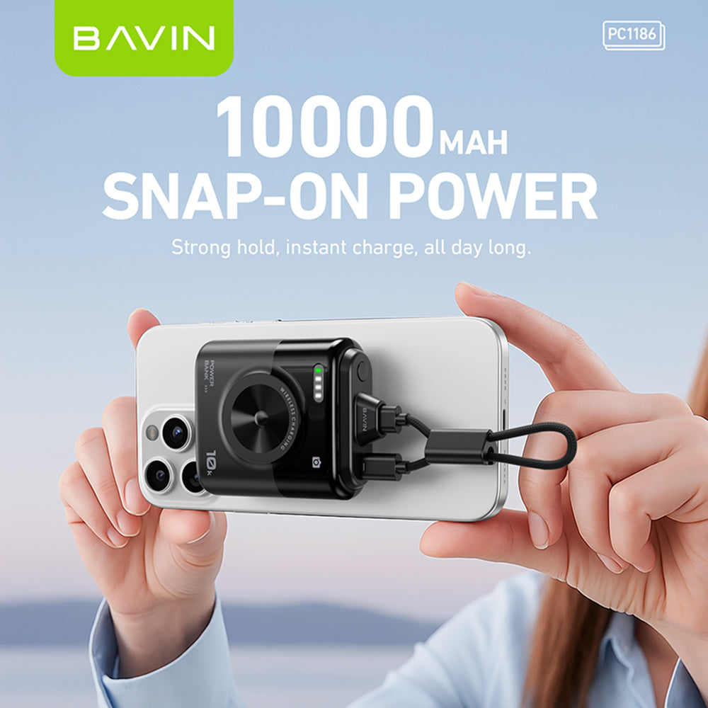 BAVIN Y-PC1186 10000mAh Mini Portable Magnetic Powerbank Wireless 15W Fast Charging w/ Detachable Dual Type-C Data Cable