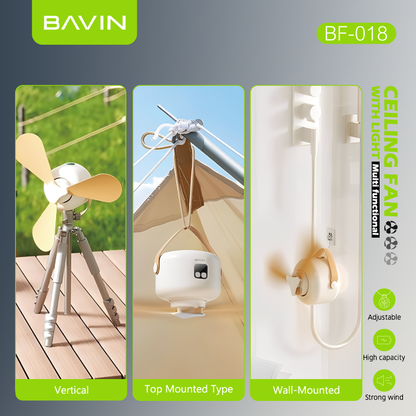 BAVIN BF018 5-in-1 Portable Outdoor Ultra Quiet Type-C Rechargeable Ceiling Fan w/ Light, Remote Control