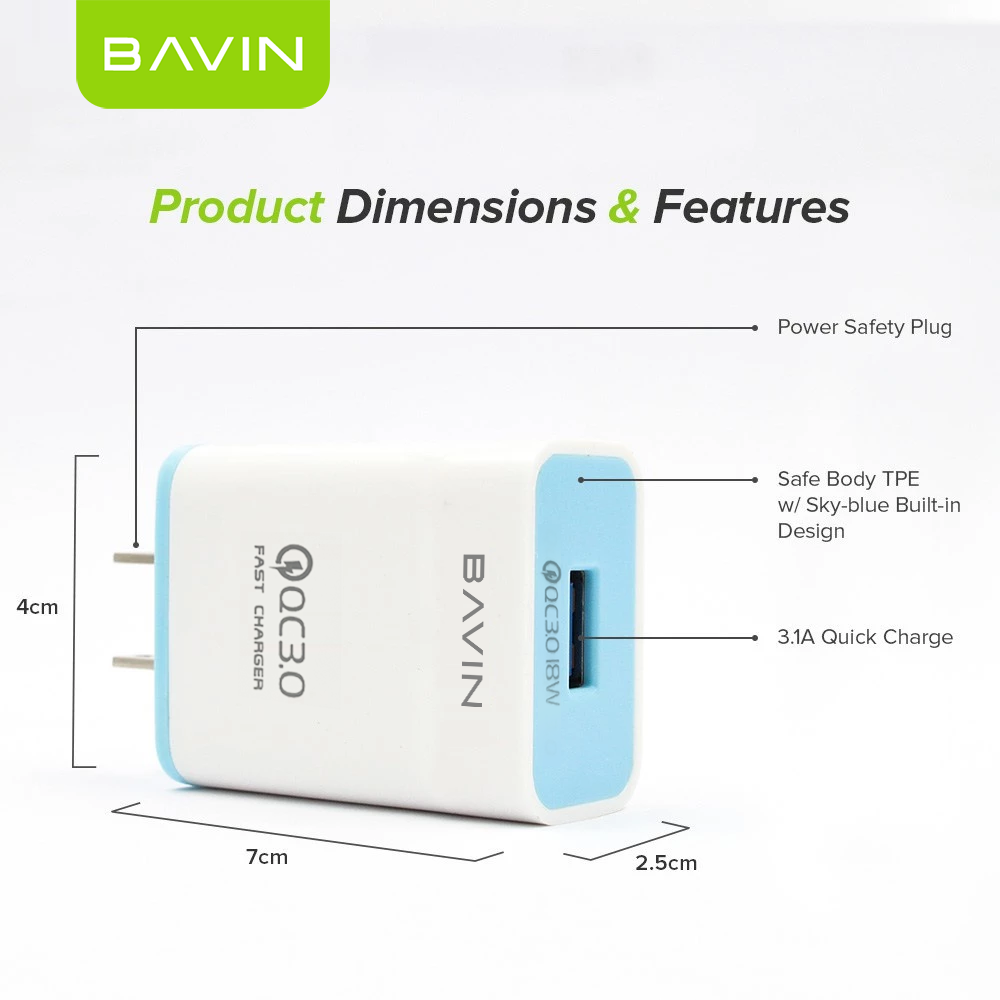 BAVIN PC658 Qc3.0 Quick Charging Charger W/ Charging Cable for iPhone / Micro / Type-C