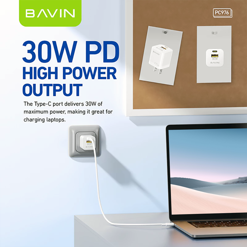 BAVIN PC977 GaN 30W PD Super Fast Charging Adapter USB-C & USB Port for iPh, Laptop & Android (Supports 17 Series)