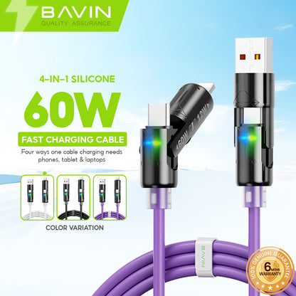 BAVIN U-CB394 60W 4-in-1 Silicone Fast Charging Cable w/ RGB Light Type-C & iPhone for Laptop, Tablet & Phones