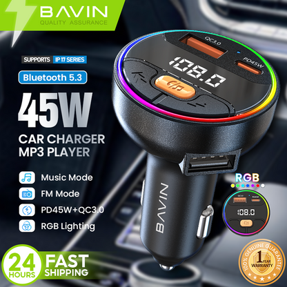 BAVIN PC2079 45W PD+QC3.0 Ultra-Fast MP3 Car Charger RGB 7-Color Lights for iPh & Android  (Supports iPh17 Series)