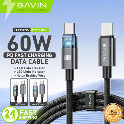 BAVIN U-CB399 60W Fast Charging & Data Cable Type-C to C / Type-C to iPh for Laptop & Smartphones (Supports 17 Series)