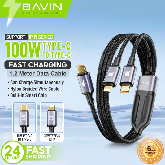 BAVIN CB387 100W 2 in 1 Fast Charging Cable Type-C to Type-C & iPhone w/ 1.2m Nylon Braided Cord for Laptop & Smartphones