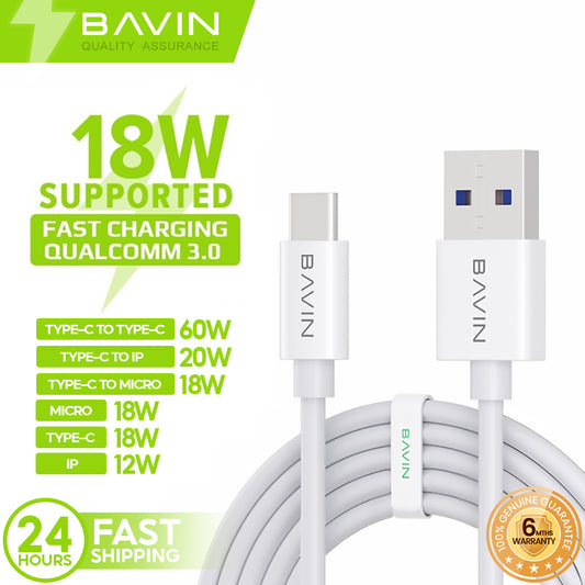 BAVIN U-CB008 12W / 18W / 20W / 60W Fast Charging Qualcomm3.0 Cable Charger High Speed Data Transfer 1/2/3 Meters Cord