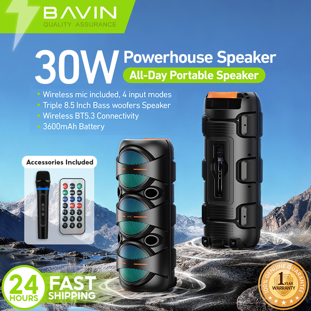 BAVIN BM37 Party Karaoke Wireless Bluetooth Speaker with RGB Light 30W Powerful Sound w/ Mic