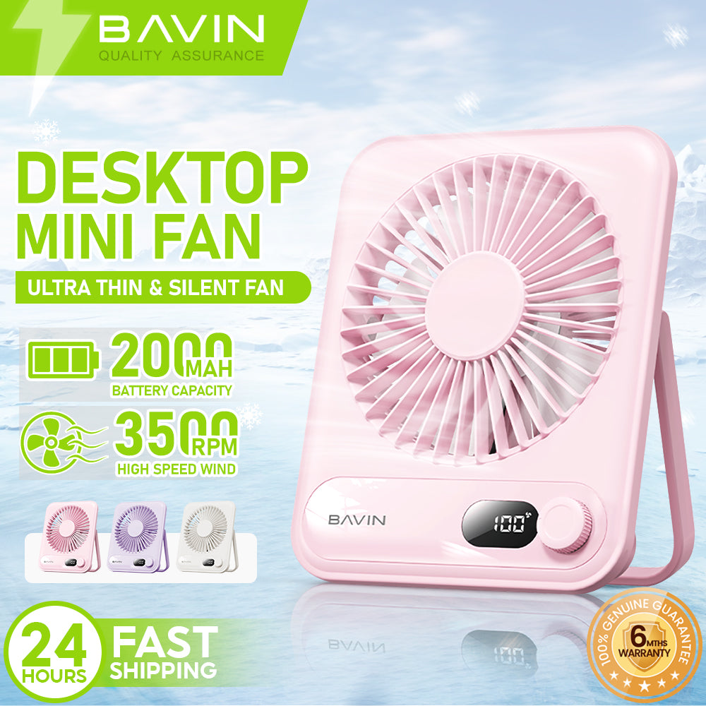 BAVIN BF-006 Ultra-Thin Portable Mini Desktop & Personal Fan Rechargeable w/ 4-Speeds Strong Wind