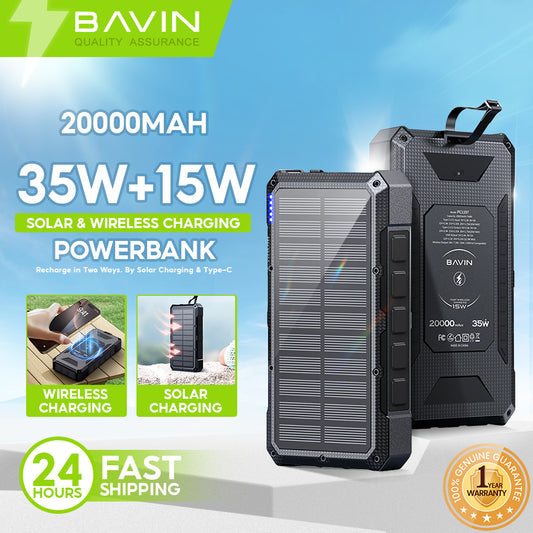 BAVIN Y-PC1197 20000mAh Solar Powerbank w/ 35W Type-C Fast Charging & 15W Wireless Charging w/ LED Flashlight & 3 Outputs