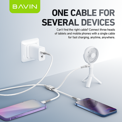 BAVIN CB365 3-in-1 Fast Charging Cable Nylon Braided 3A 480Mbps Data Transfer for Type-C/Micro/iPhone