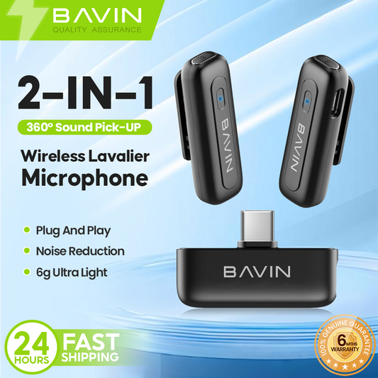 BAVIN H-MP106 2-in-1 Wireless Lavalier Microphone Type-C Port - 360° Sound Pick-Up for Live Streaming & Vlogging