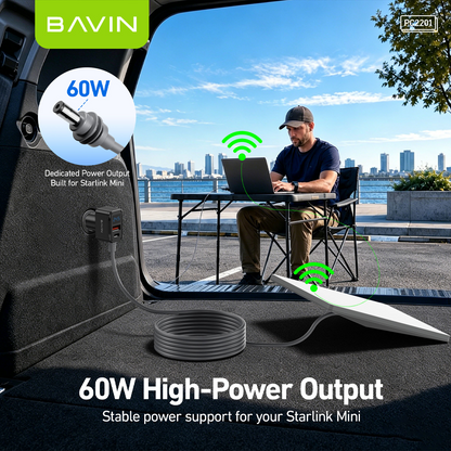 BAVIN PC2201 Starlink Mini 36W PD+QC3.0 Fast DC Power Cable Car Charger w/ Display + Waterproof Outdoor