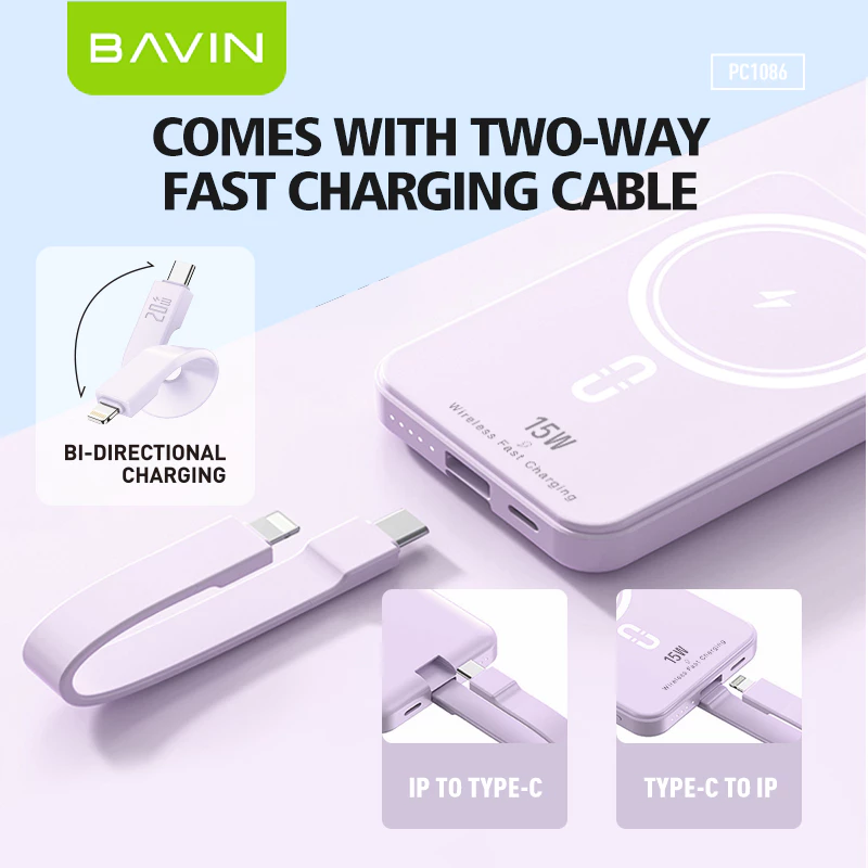 BAVIN PC1086 10000mAh PD 15W Mini Fast Charging Magnetic Powerbank Wireless Compact w/ Magnetic Ring