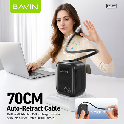 BAVIN PC2077 PD 45W QC3.0 Portable Fast Charging Adapter Charger w/ 70cm Retractable Cable + Foldable AC Plug