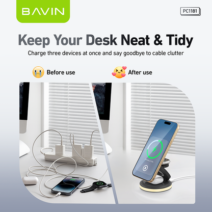 BAVIN PC1181 3in1 Magnetic 15W Wireless Charger Dock for Phone/Watch/Earbuds w/ Foldable Stand & LED