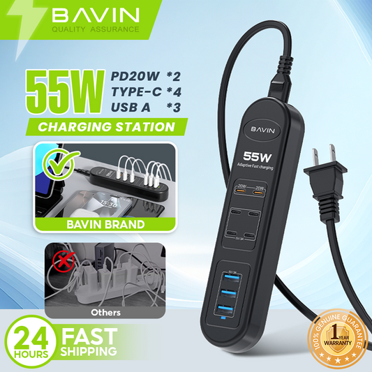 BAVIN C-S-PC2109 55W 9-Ports USB Charging Station HUB Fast Charger w/ 2 PD 20W & 4 Type-C, 3 USB