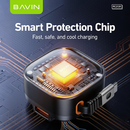 BAVIN PC2139 3-in-1 65W PD Fast Charge Car Charger Built-in Retractable Type-C Cable for Phone/ Laptop