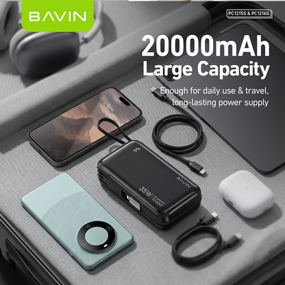BAVIN PC1215 2-in-1 10000mAh/20000mAh 35W PD Fast Charging Powerbank w/ Built-in Dual Cables + AC Plug