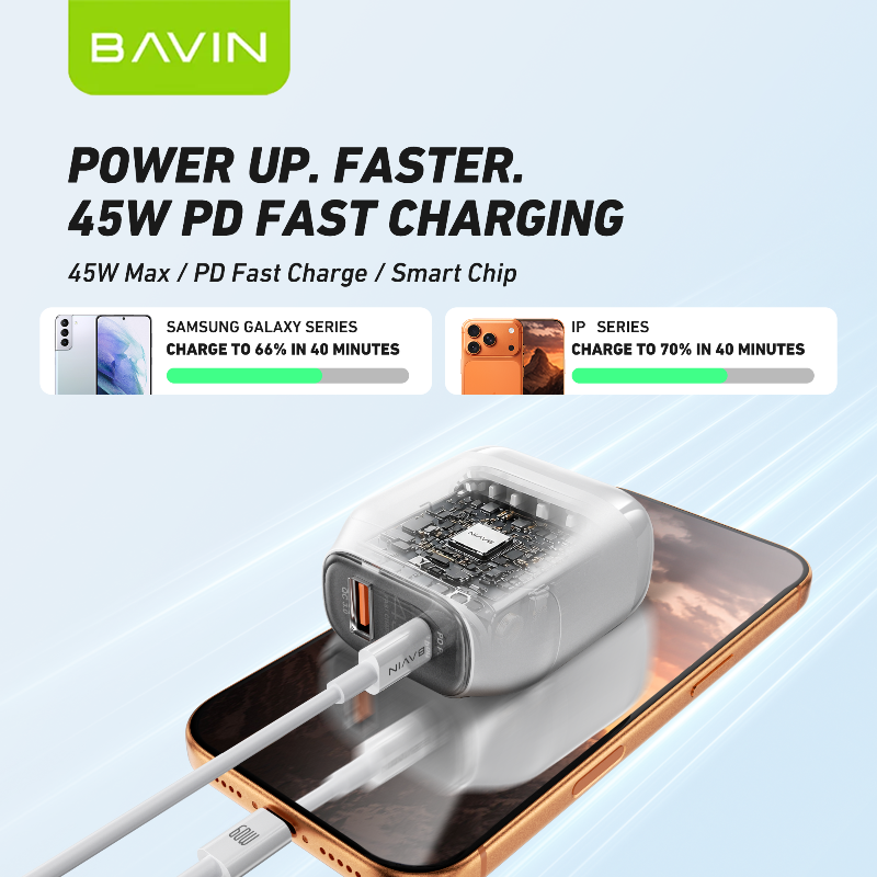BAVIN PC2165 45W PD QC3.0 USB-C+22.5W USB Fast Charging Charger w/ 1M Cable for iPh 17/Android/Laptop