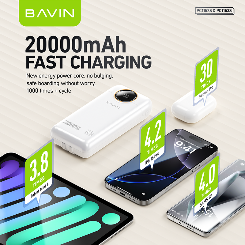 BAVIN PC1152 10000mAh / PC1153 20000mAh 22.5W Fast Charging Powerbank w/ LED Display+ Built-in Cable