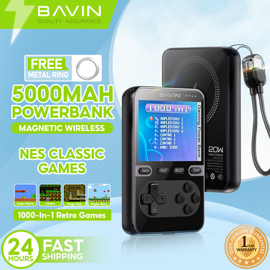 BAVIN Y-PC1200 5000mAh Mini Portable Retro Game Console Powerbank Magnetic Wireless w/ Dual Type-C Cable + Memory Card
