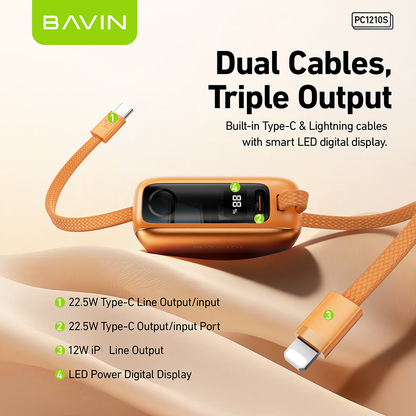BAVIN PC1210S 2in1 10000mAh 22.5W Fast Charging Mini Powerbank Built-in Dual Cable Compact & Portable
