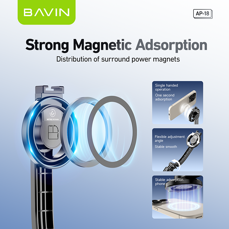 BAVIN P18 Magnetic Retractable Selfie Stick w/ Bluetooth Remote Extendable & Adjustable Tripod