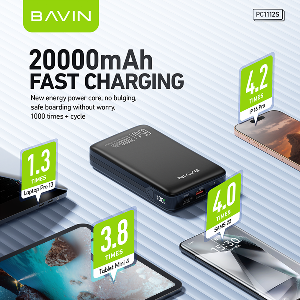 BAVIN PC1112S 20000mAh / 25000mAh 100W Fast Charging Powerbank w/ Built-in Cables, Supports Phones & Laptop
