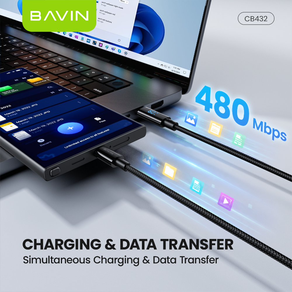 BAVIN CB432 60W PD USB C Fast Charging Data Cable 1M w/ LED Digital Display, Braided Nylon For iPhone 18