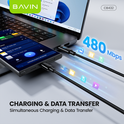 BAVIN CB432 60W PD USB C Fast Charging Data Cable 1M w/ LED Digital Display, Braided Nylon For iPhone 18