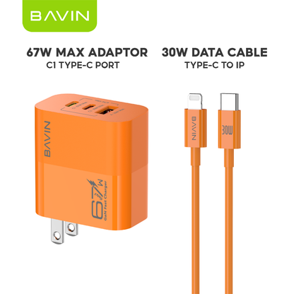 BAVIN PC2133 3in1 67W GaN Fast Charging Charger Dual Type-C + USB Ports w/ 1m Cable for Laptop, Phones