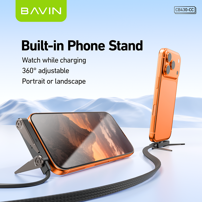 BAVIN CB430 2-in-1 240W PD Type-C Fast Charging Data Cable 1.2m w/ Foldable Stand for iPhone & Android