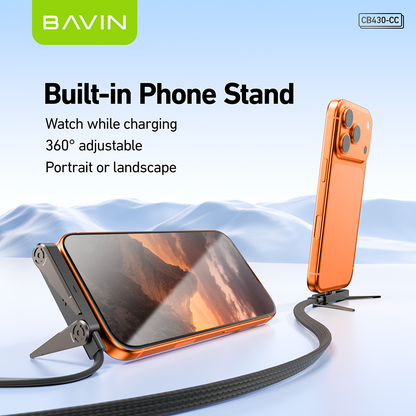 BAVIN CB430 2-in-1 240W PD Type-C Fast Charging Data Cable 1.2m w/ Foldable Stand for iPhone & Android