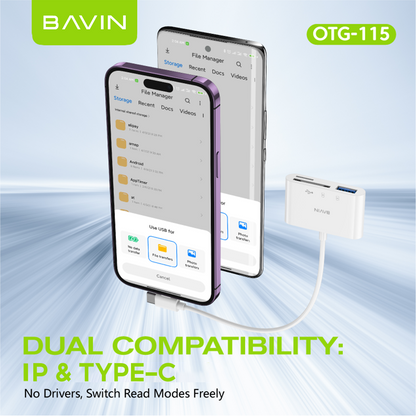 BAVIN O114 3-in-1 Memory Card Reader OTG Adapter iPhone & Type-C to USB,SD,TF Card Slot for Phone,Laptop