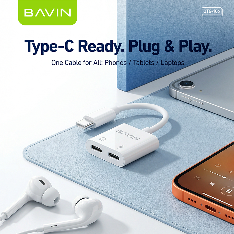 BAVIN O106 Hi-Fi Audio & Charging 2-in-1 Type-C to Dual Type-C OTG Adapter for Phones, Tablet & Laptop