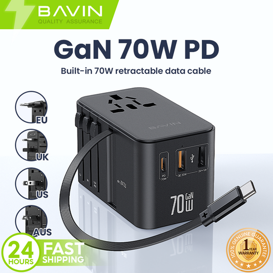 BAVIN PC2080 70W / 45W PD GaN Fast Charging Adapter & Multi-Port Universal Plug Charger for Laptop, Phones & Tablets